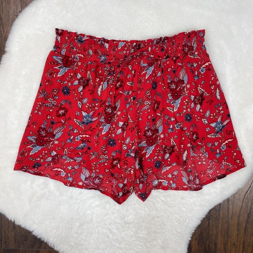 American Eagle Pull-On Shorts Small Red Blue Batik Floral Elastic Waist Tulip